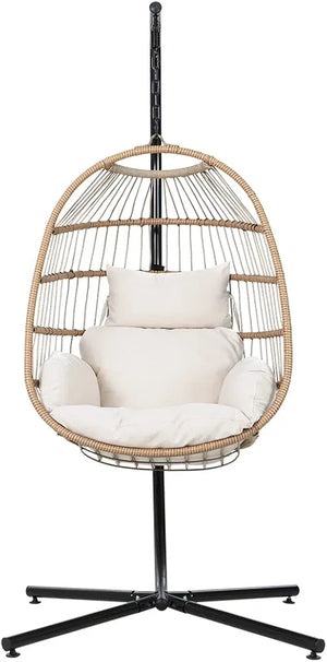 Gardeon Outdoor Egg Swing Chair Rattan Yellow Garden Bench Hanging Seat, Patio Baconly Furniture Chairs, with Cushions Stand Wicker Basket Foldable Water Resistant 150kg Capacity