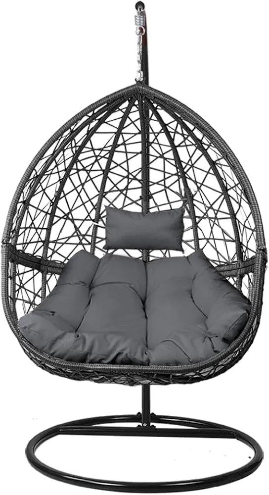 Gardeon Outdoor Egg Swing Chair Rattan Black Garden Bench Hanging Seat, Patio Baconly Furniture Chairs, with Cushions Stand Wicker Basket Water Resistant 150kg Capacity