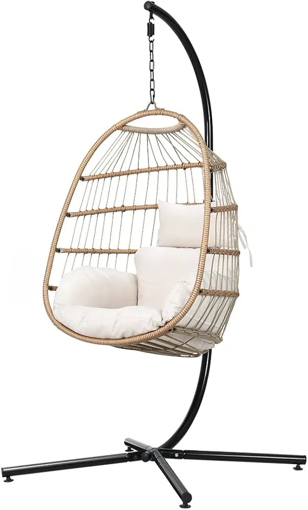 Gardeon Outdoor Egg Swing Chair Rattan Yellow Garden Bench Hanging Seat, Patio Baconly Furniture Chairs, with Cushions Stand Wicker Basket Foldable Water Resistant 150kg Capacity