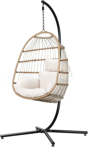 Gardeon Outdoor Egg Swing Chair Rattan Yellow Garden Bench Hanging Seat, Patio Baconly Furniture Chairs, with Cushions Stand Wicker Basket Foldable Water Resistant 150kg Capacity