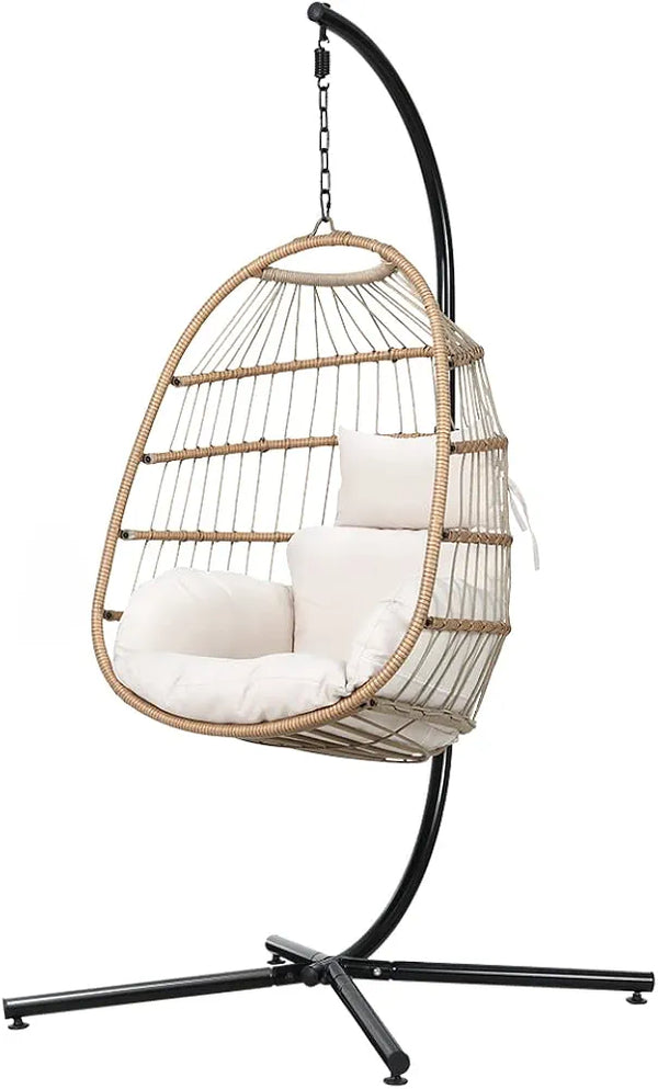 Gardeon Outdoor Egg Swing Chair Rattan Yellow Garden Bench Hanging Seat, Patio Baconly Furniture Chairs, with Cushions Stand Wicker Basket Foldable Water Resistant 150kg Capacity