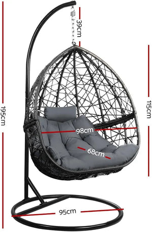 Gardeon Outdoor Egg Swing Chair Rattan Black Garden Bench Hanging Seat, Patio Baconly Furniture Chairs, with Cushions Stand Wicker Basket Water Resistant 150kg Capacity
