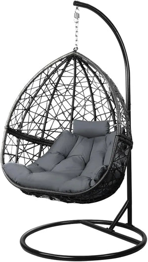 Gardeon Outdoor Egg Swing Chair Rattan Black Garden Bench Hanging Seat, Patio Baconly Furniture Chairs, with Cushions Stand Wicker Basket Water Resistant 150kg Capacity