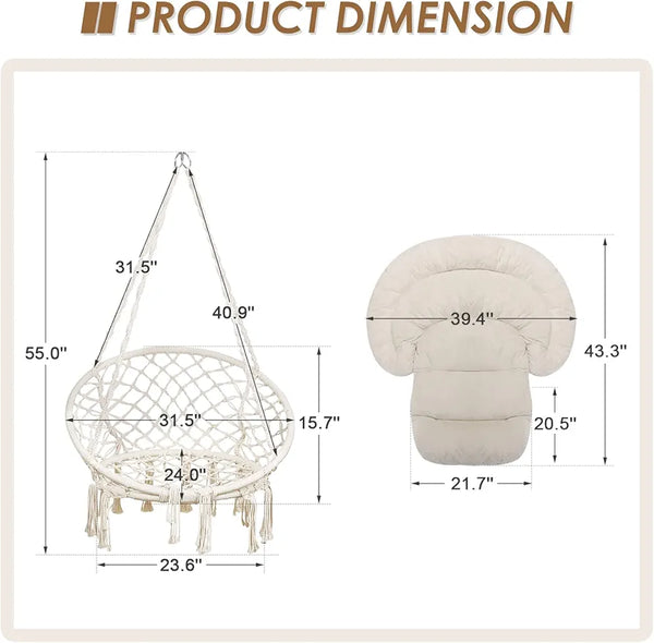 Hammock Chair with Cushion, Handmade Macrame Swing Chair with Hanging Hardware Kits, Bohemian Style Cotton Rope Hanging Chair for Bedroom Indoor Outdoor, Beige