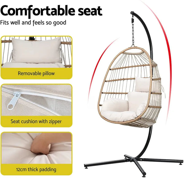 Gardeon Outdoor Egg Swing Chair Rattan Yellow Garden Bench Hanging Seat, Patio Baconly Furniture Chairs, with Cushions Stand Wicker Basket Foldable Water Resistant 150kg Capacity