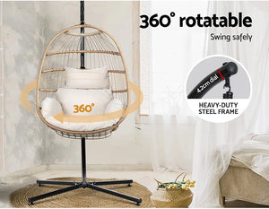 Gardeon Outdoor Egg Swing Chair Rattan Yellow Garden Bench Hanging Seat, Patio Baconly Furniture Chairs, with Cushions Stand Wicker Basket Foldable Water Resistant 150kg Capacity