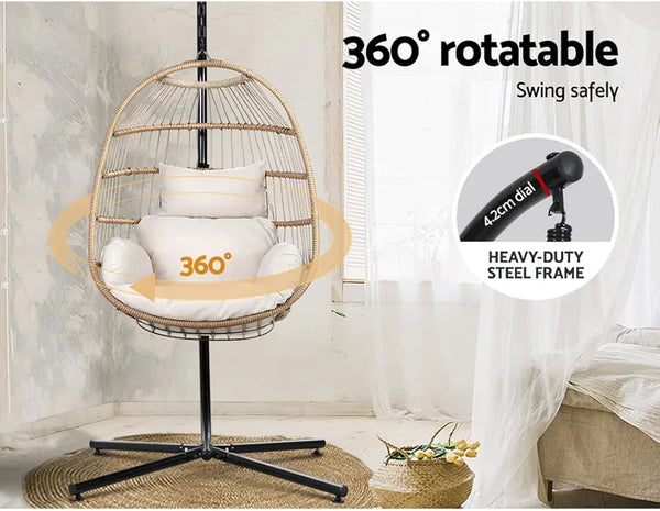 Gardeon Outdoor Egg Swing Chair Rattan Yellow Garden Bench Hanging Seat, Patio Baconly Furniture Chairs, with Cushions Stand Wicker Basket Foldable Water Resistant 150kg Capacity