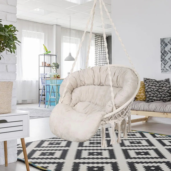 Hammock Chair with Cushion, Handmade Macrame Swing Chair with Hanging Hardware Kits, Bohemian Style Cotton Rope Hanging Chair for Bedroom Indoor Outdoor, Beige