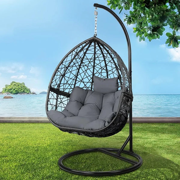 Gardeon Outdoor Egg Swing Chair Rattan Black Garden Bench Hanging Seat, Patio Baconly Furniture Chairs, with Cushions Stand Wicker Basket Water Resistant 150kg Capacity