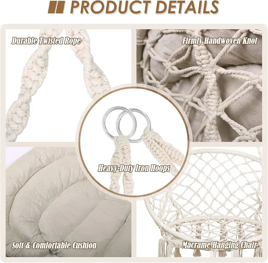 Hammock Chair with Cushion, Handmade Macrame Swing Chair with Hanging Hardware Kits, Bohemian Style Cotton Rope Hanging Chair for Bedroom Indoor Outdoor, Beige