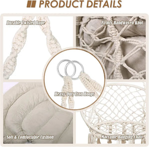 Hammock Chair with Cushion, Handmade Macrame Swing Chair with Hanging Hardware Kits, Bohemian Style Cotton Rope Hanging Chair for Bedroom Indoor Outdoor, Beige