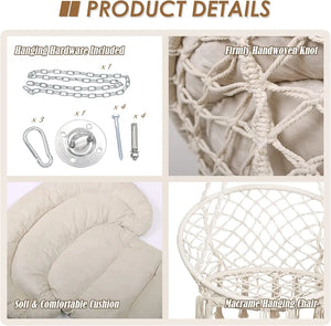 Hammock Chair with Cushion, Handmade Macrame Swing Chair with Hanging Hardware Kits, Bohemian Style Cotton Rope Hanging Chair for Bedroom Indoor Outdoor, Beige