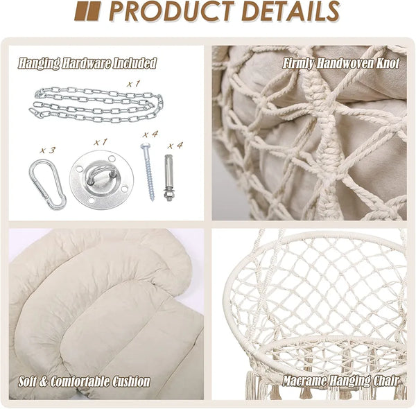Hammock Chair with Cushion, Handmade Macrame Swing Chair with Hanging Hardware Kits, Bohemian Style Cotton Rope Hanging Chair for Bedroom Indoor Outdoor, Beige