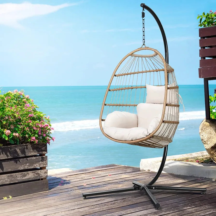 Gardeon Outdoor Egg Swing Chair Rattan Yellow Garden Bench Hanging Seat, Patio Baconly Furniture Chairs, with Cushions Stand Wicker Basket Foldable Water Resistant 150kg Capacity