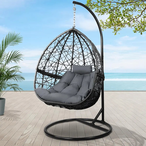 Gardeon Outdoor Egg Swing Chair Rattan Black Garden Bench Hanging Seat, Patio Baconly Furniture Chairs, with Cushions Stand Wicker Basket Water Resistant 150kg Capacity