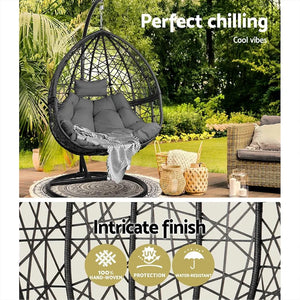 Gardeon Outdoor Egg Swing Chair Rattan Black Garden Bench Hanging Seat, Patio Baconly Furniture Chairs, with Cushions Stand Wicker Basket Water Resistant 150kg Capacity