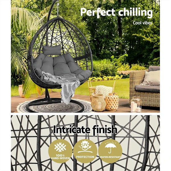 Gardeon Outdoor Egg Swing Chair Rattan Black Garden Bench Hanging Seat, Patio Baconly Furniture Chairs, with Cushions Stand Wicker Basket Water Resistant 150kg Capacity