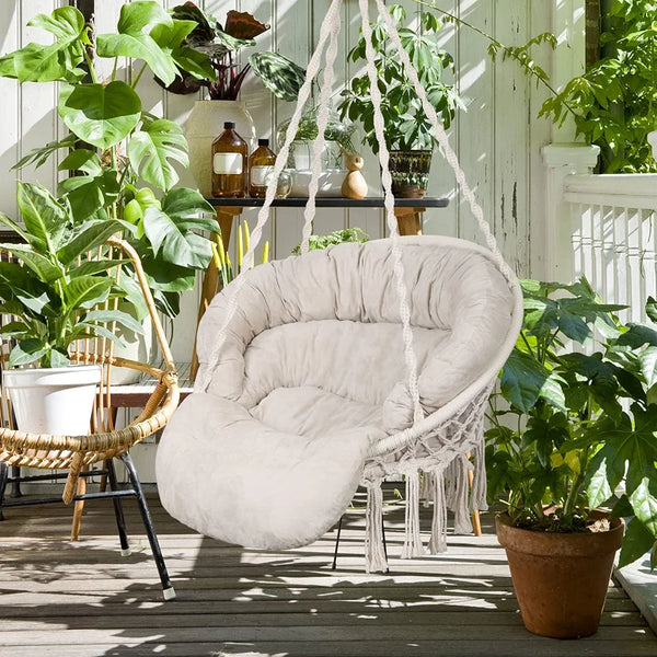 Hammock Chair with Cushion, Handmade Macrame Swing Chair with Hanging Hardware Kits, Bohemian Style Cotton Rope Hanging Chair for Bedroom Indoor Outdoor, Beige