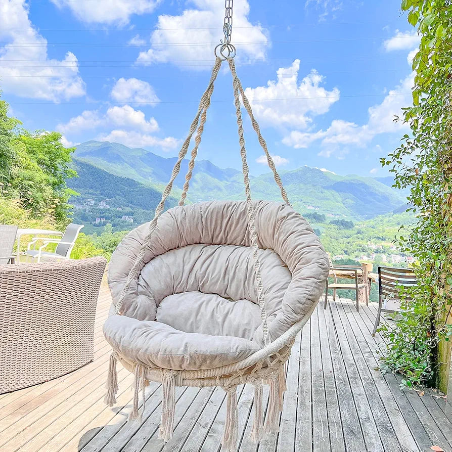 Hammock Chair with Cushion, Handmade Macrame Swing Chair with Hanging Hardware Kits, Bohemian Style Cotton Rope Hanging Chair for Bedroom Indoor Outdoor, Beige