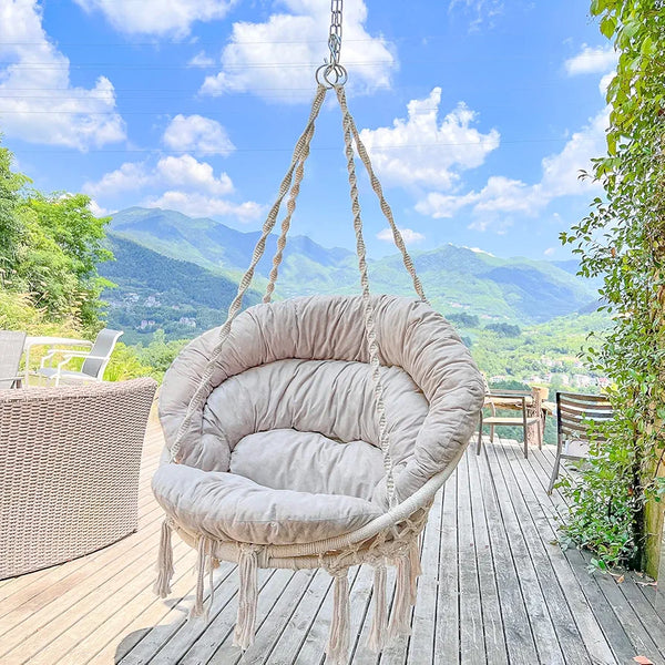 Hammock Chair with Cushion, Handmade Macrame Swing Chair with Hanging Hardware Kits, Bohemian Style Cotton Rope Hanging Chair for Bedroom Indoor Outdoor, Beige